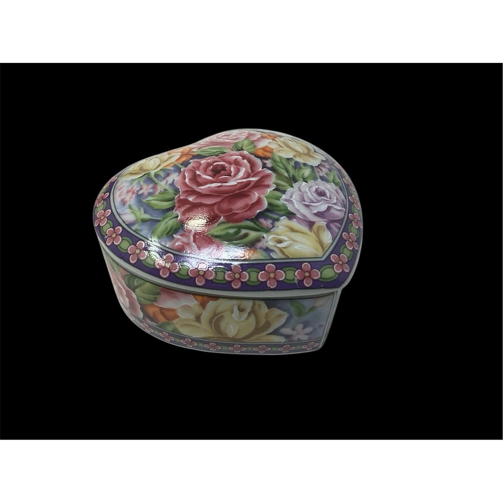 Lefton Heart Shaped 3" Trinket Box Hand Painted Florals Purple Border 1991